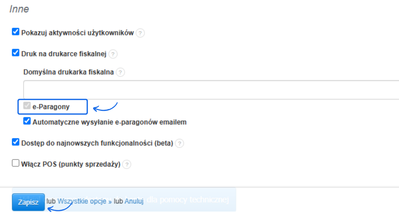 Opcje aktywacji e-Paragonów w ustawieniach, z zaznaczeniem automatycznego wysyłania e-paragonów i funkcji zapisu konfiguracji.