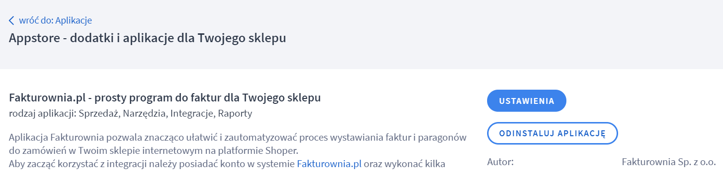 Strona aplikacji Fakturownia.pl w Appstore dla sklepów internetowych. Widoczne przyciski ‘Ustawienia’ i ‘Odinstaluj aplikację’