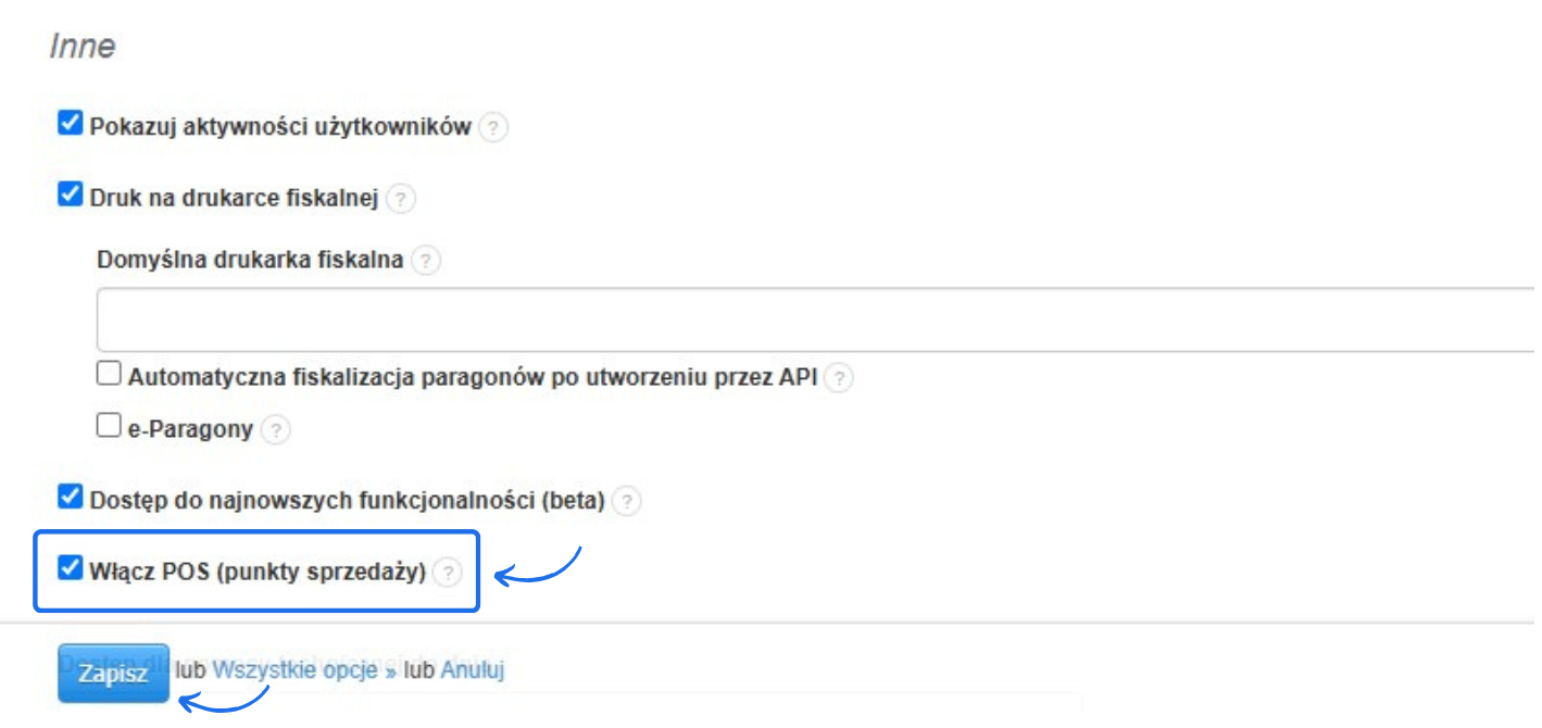 Opcje konfiguracji systemu do fakturowania. Zaznaczona aktywacja POS (punktów sprzedaży) oraz drukowanie na drukarce fiskalnej.