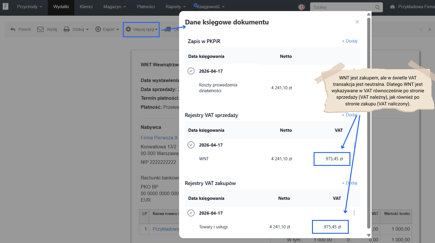 Dane księgowe faktury kosztowej WNT z uwzględnionym podatkiem należnym i naliczonym.