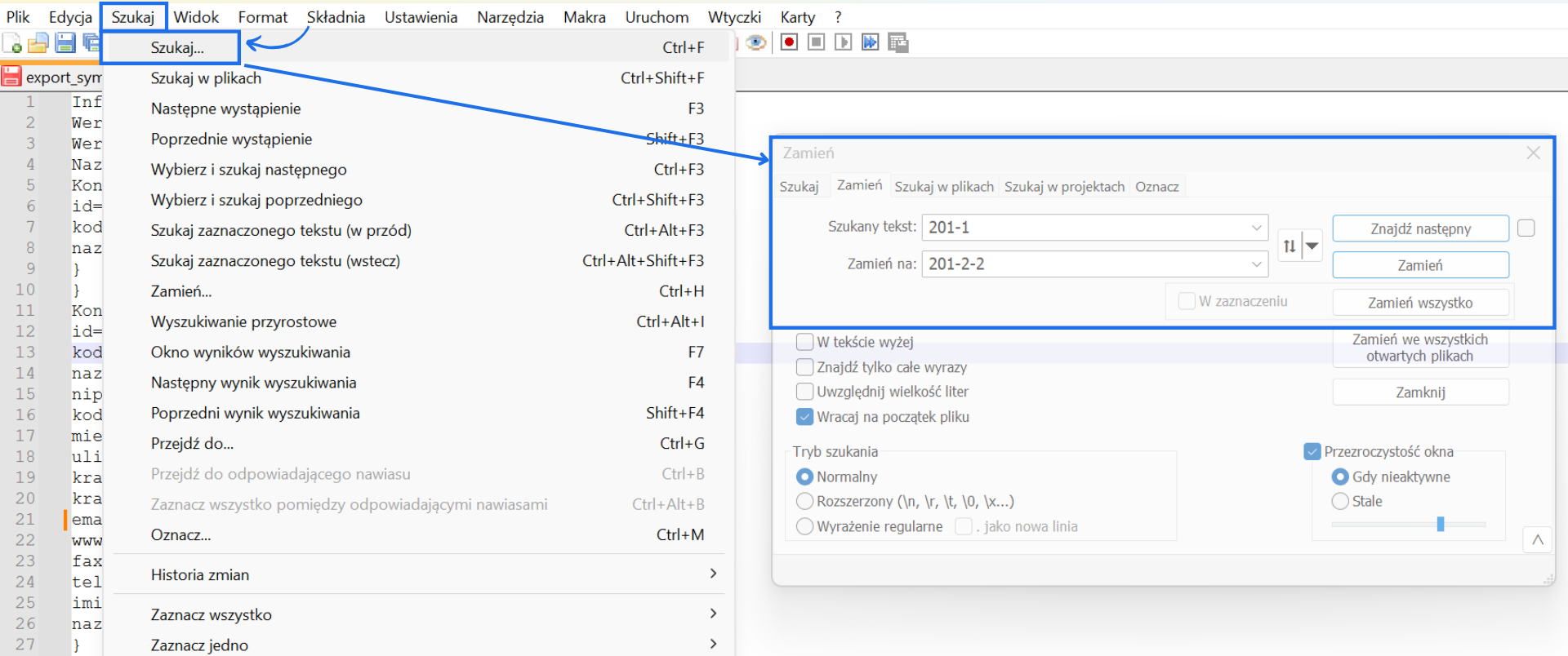 Edycja konta księgowego w Notepad++ – funkcja zamiany tekstu 201-1 na 201-2-2 z menu Szukaj.