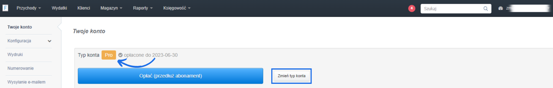 Widok ustawień konta w systemie Fakturownia z informacją o aktywnym planie oraz możliwością wygenerowania płatności za abonament lub zmiany typu konta.