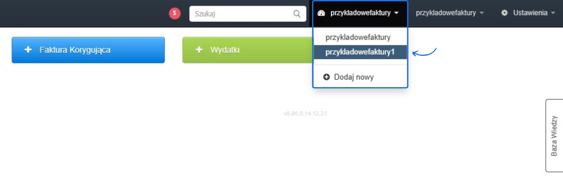 Strona główna systemu Fakturownia z listą wyboru kont - osobnych firm - podpiętych pod ten sam login.