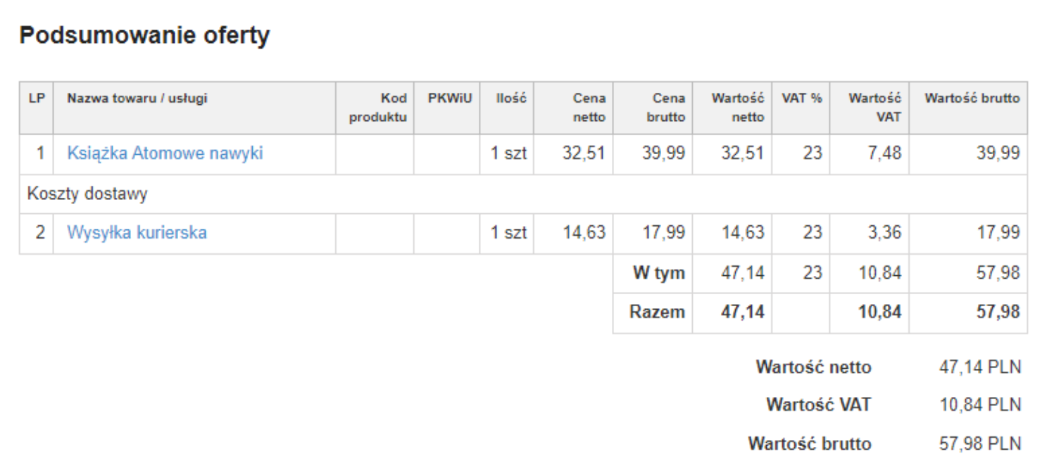 abela podsumowania oferty zawierająca dwie pozycje: 'Książka' oraz 'Wysyłka kurierska', z cenami netto, brutto i wartościami VAT.