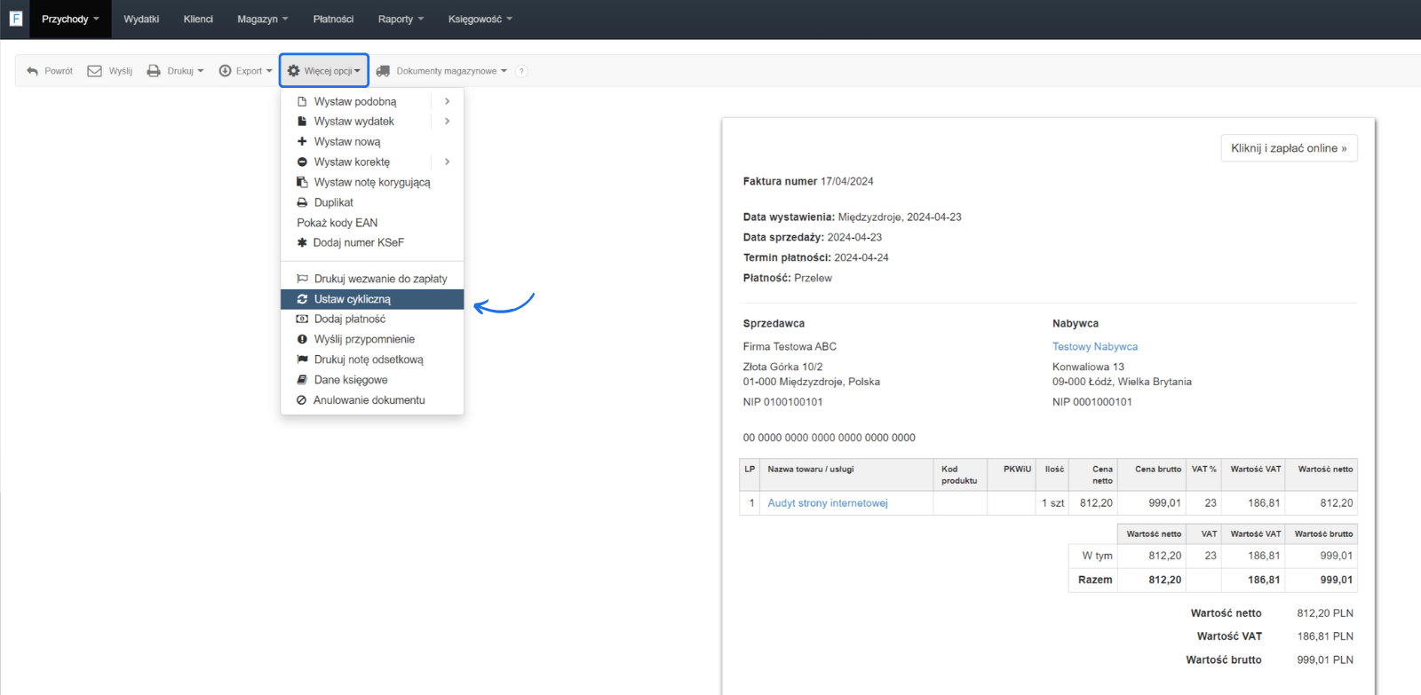 Zrzut ekranu przedstawiający interfejs zarządzania fakturami wyświetlający opcje operacji na fakturach oraz szczegóły wystawionej faktury po prawej stronie.