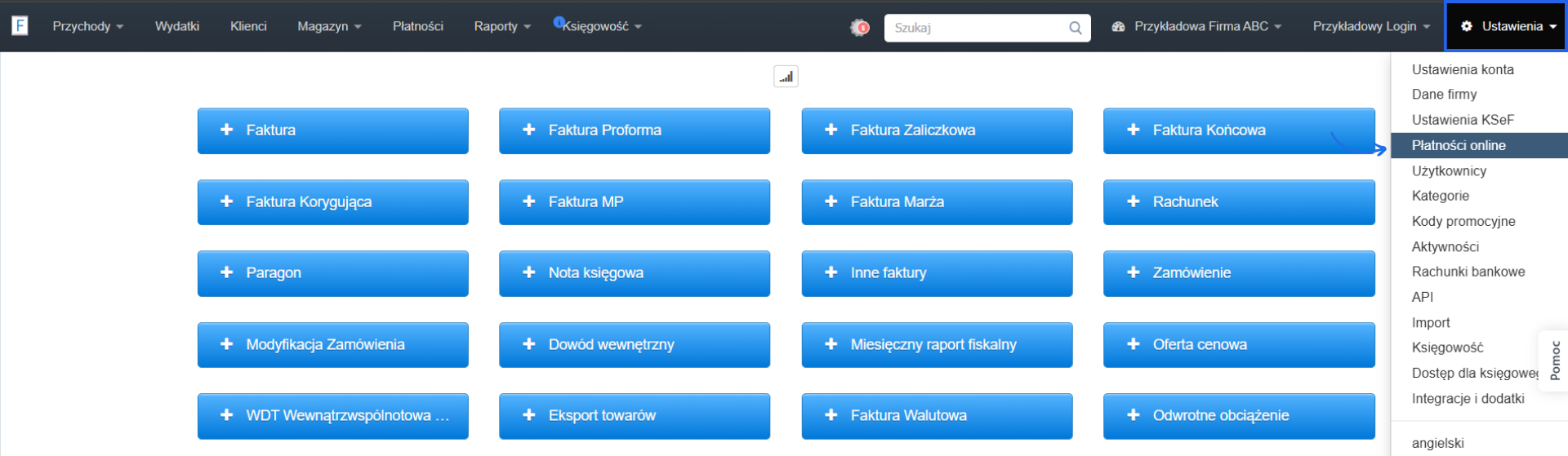 Ustawienia systemu Fakturownia z aktywną zakładką płatności online.
