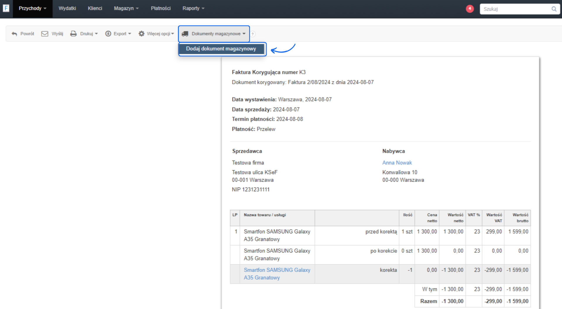Faktura korygująca numer K3, dokument korygowany: faktura 2/08/2024, smartfon SAMSUNG Galaxy A35 Granatowy, data wystawienia 2024-08-07.