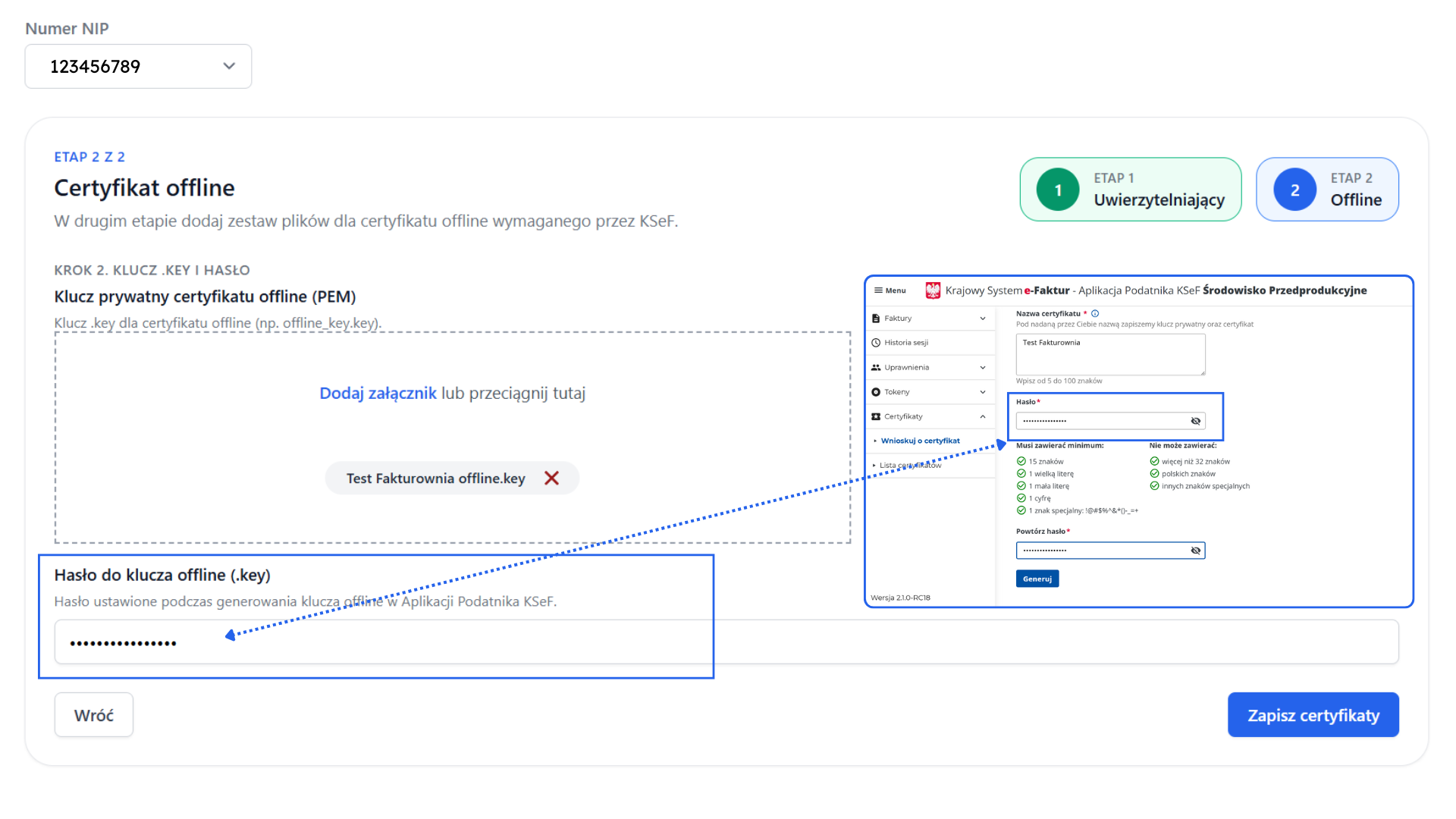 Wgrywanie pliku .key i podanie hasła do klucza offline w ostatnim kroku autoryzacji certyfikatu KSeF w Fakturowni.