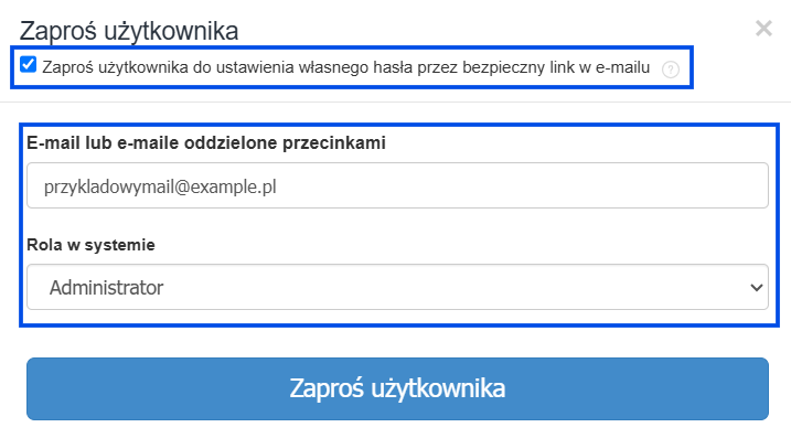 Formularz dodawania użytkownika w systemie Fakturownia, z możliwością natychmiastowego utworzenia konta, ustawienia hasła i przypisania do wszystkich działów.