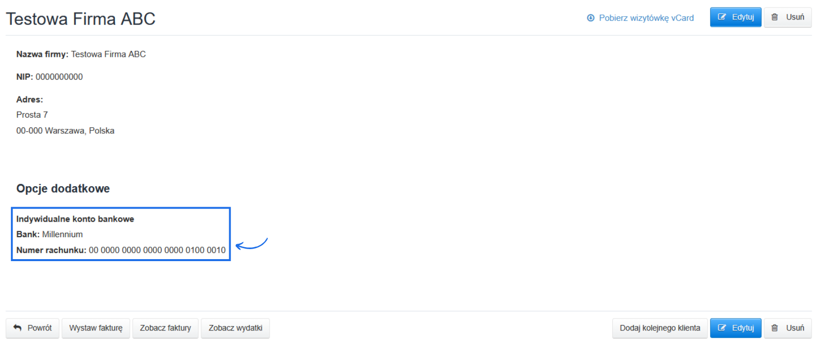 Podsumowanie danych o kontrahencie w karcie klienta z informacją o indywidualnym rachunku bankowym i jego szczegółach.