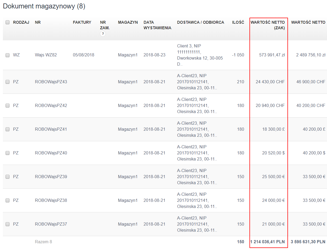 posumowanie listy dokumentów magazynowych