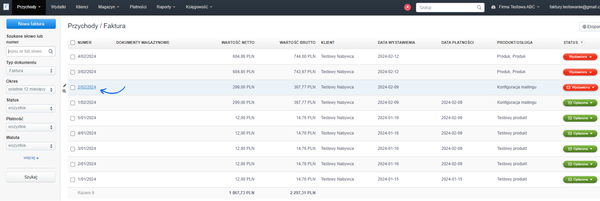 Lista faktur w systemie księgowym z podświetloną fakturą o numerze 2/02/2024 oraz filtrowaniem według okresu i statusu płatności.