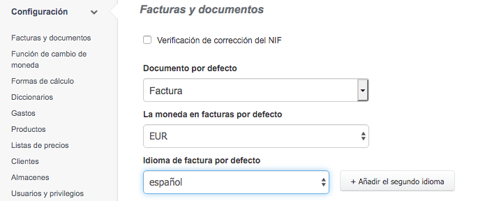 idioma de factura por defecto