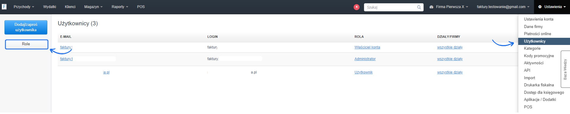 Lista użytkowników z przypisanymi rolami w systemie — właściciel konta, administrator i użytkownik oraz przycisk „Role” do zarządzania uprawnieniami.