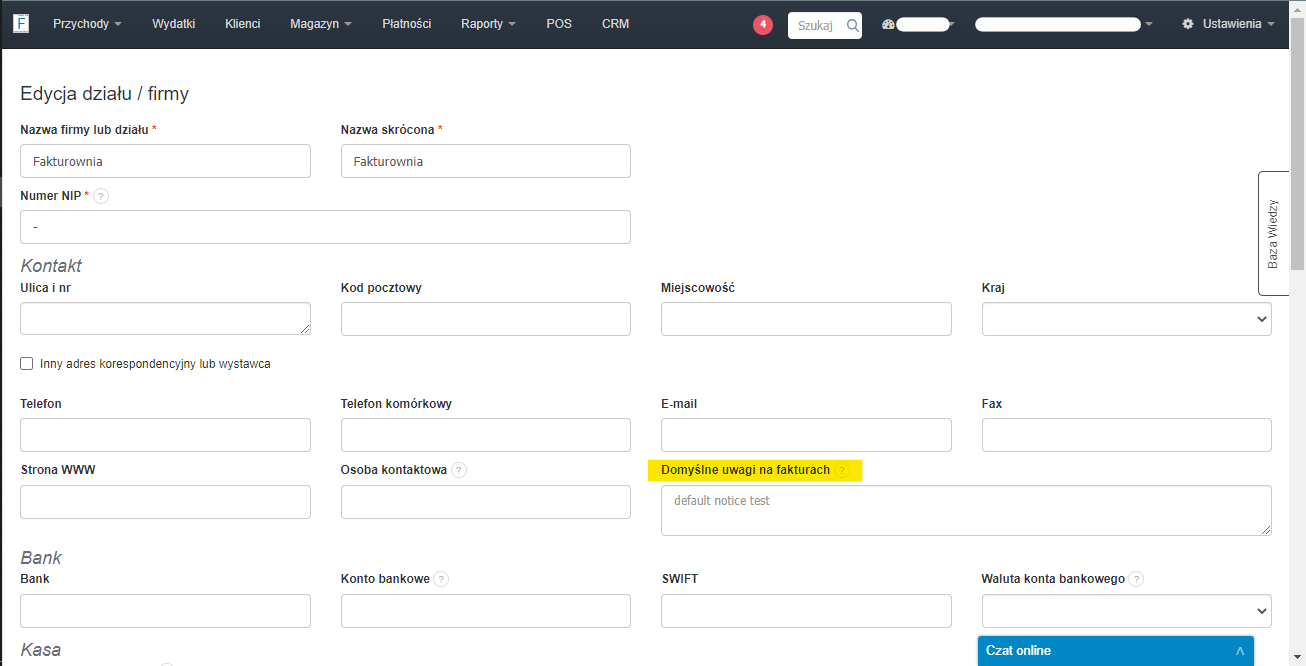 Formularz edycji działu lub firmy z polem na wprowadzenie domyślnych uwag na fakturach.