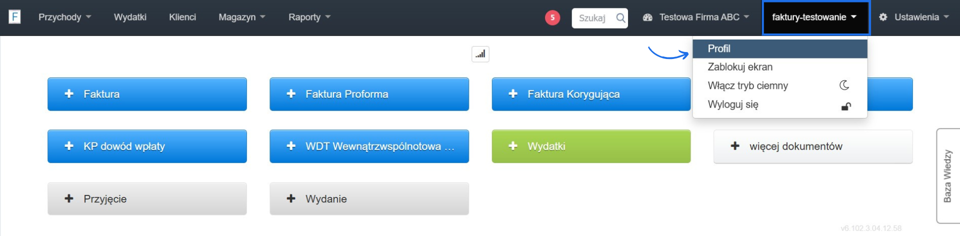 Widok systemowy po zalogowaniu do konta w programie do fakturowania online z aktywną opcją przejścia do profilu użytkownika.