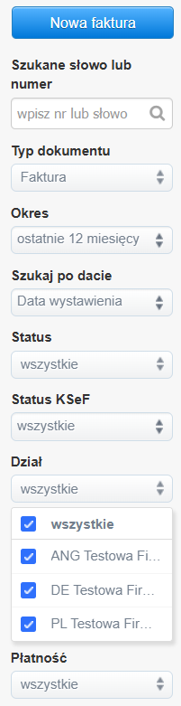 Panel filtrujący listę faktur przychodowych z aktywnym filtrem dział i opcją wyboru wielu działów w ramach opcji multiselect.