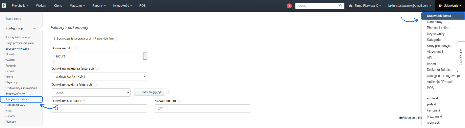 Panel ustawień w systemie Fakturownia – sekcja 'Księgowość online' w konfiguracji oraz rozwijane menu 'Ustawienia konta'.