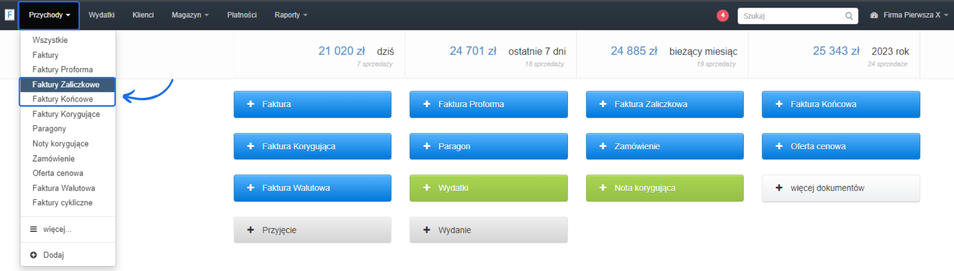 zrzut ekranu przedstawiający sposób wystawienia faktur zaliczkowych i końcowych