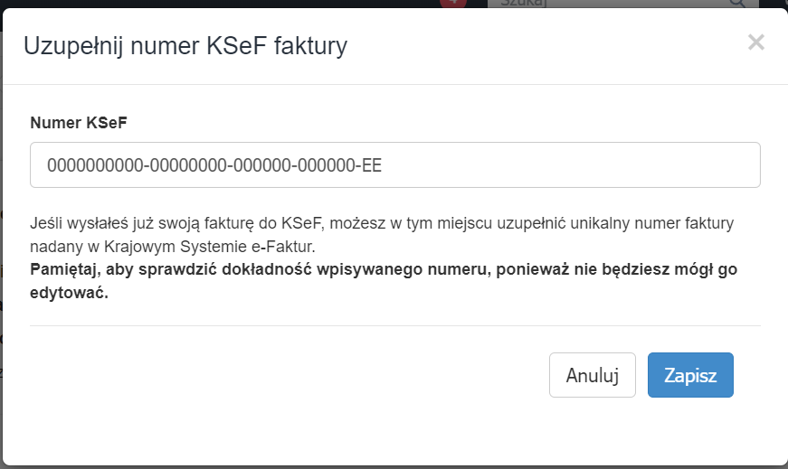 Komunikat systemowy z możliwością przypisania do faktury numeru nadanego przez krajowy system KSeF.