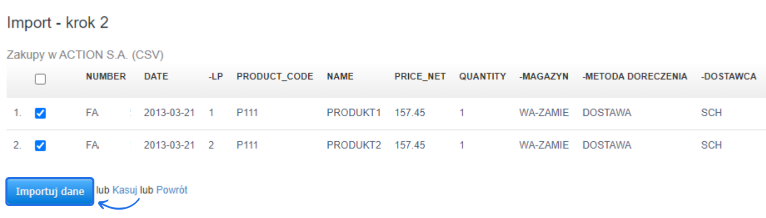 Ekran importu krok 2 zakupów z ACTION S.A. (CSV) w systemie Fakturownia, z listą produktów i przyciskiem 'Importuj dane'.