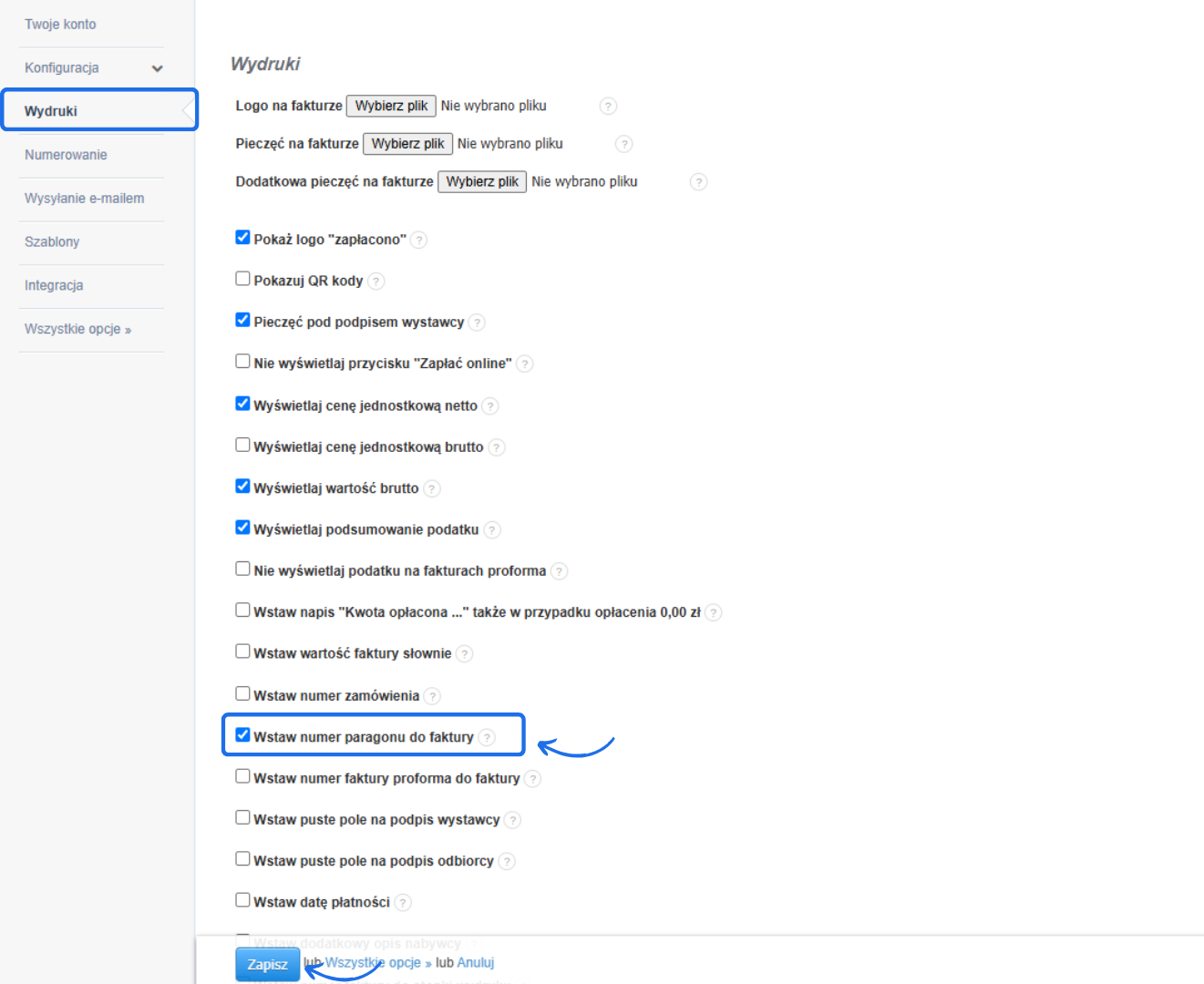 Panel ustawień wydruków w systemie księgowym. Zaznaczona opcja 'Wstaw numer paragonu do faktury' oraz inne ustawienia dotyczące wyglądu i zawartości faktur.