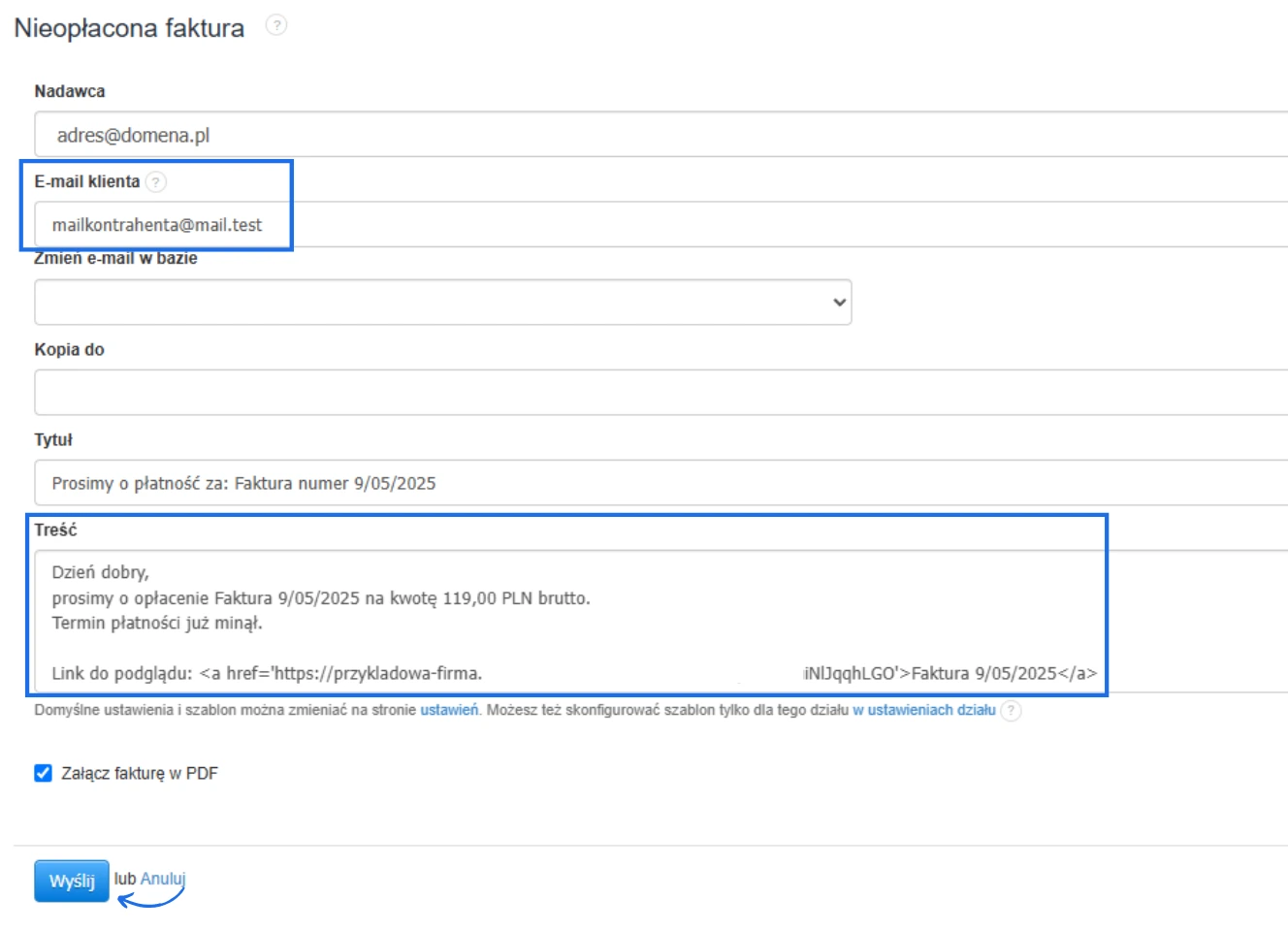 Formularz wysyłki przypomnienia o nieopłaconej fakturze 9/05/2025 na kwotę 119,00 PLN brutto z adresem klienta i treścią e-maila.