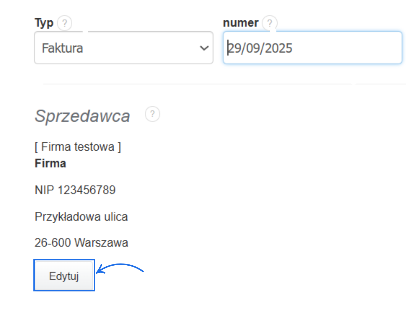 Formularz edycji faktury z możliwością zmiany typu dokumentu, numeru oraz danych sprzedawcy.