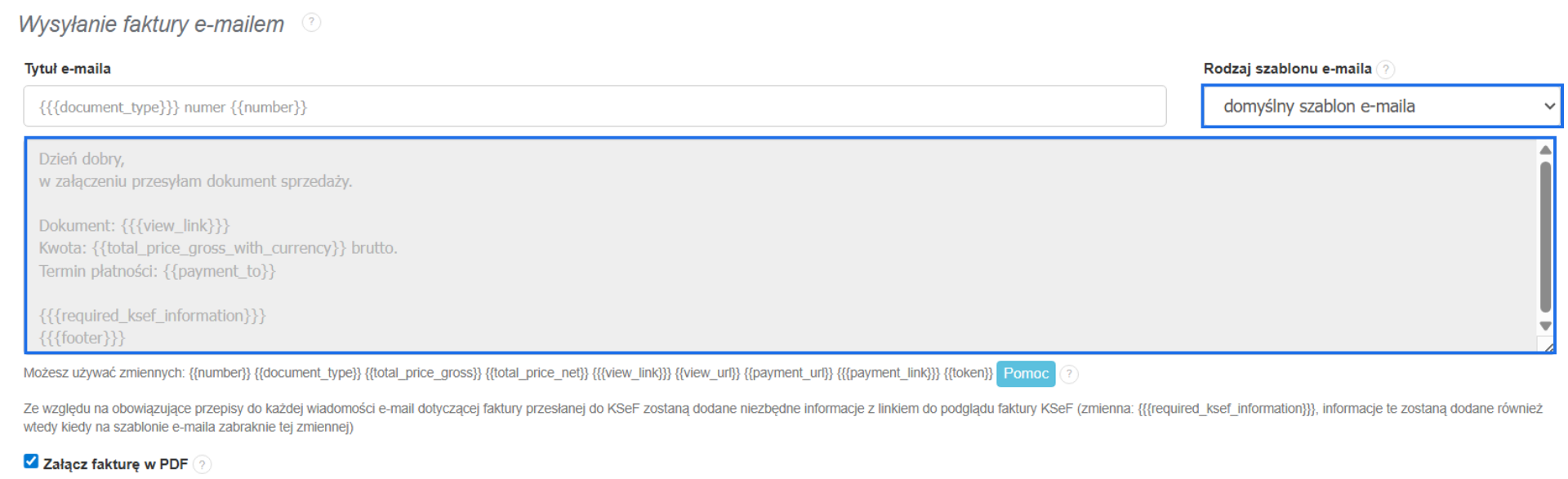 Ustawienia w systemie Fakturownia dotyczące wysyłania faktury e-mailem z aktywną domyślną treścią wiadomości i automatycznym dodawaniem PDF faktury jako załącznik do wiadomości.