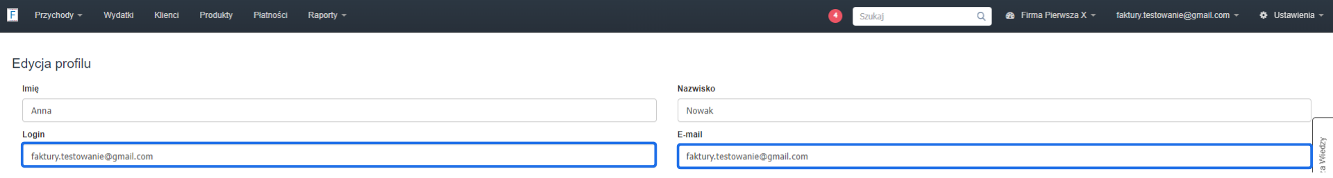 Formularz edycji profilu użytkownika z polami login i e-mail, które pozwalają na aktualizację danych dostępowych do konta.