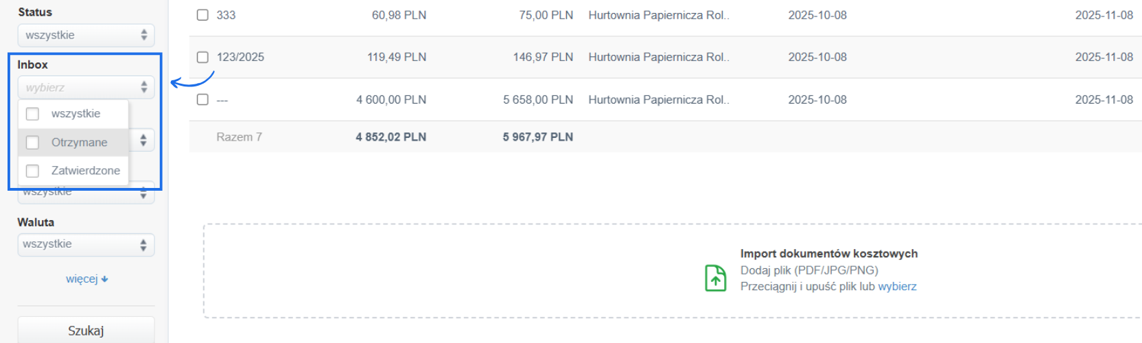 Widok na zakładkę "Wydatki" w systemie Fakturownia, gdzie użytkownik może filtrować dokumenty według numeru, typu, daty i statusu, z widocznością opcji "Opłać online" dla faktur.