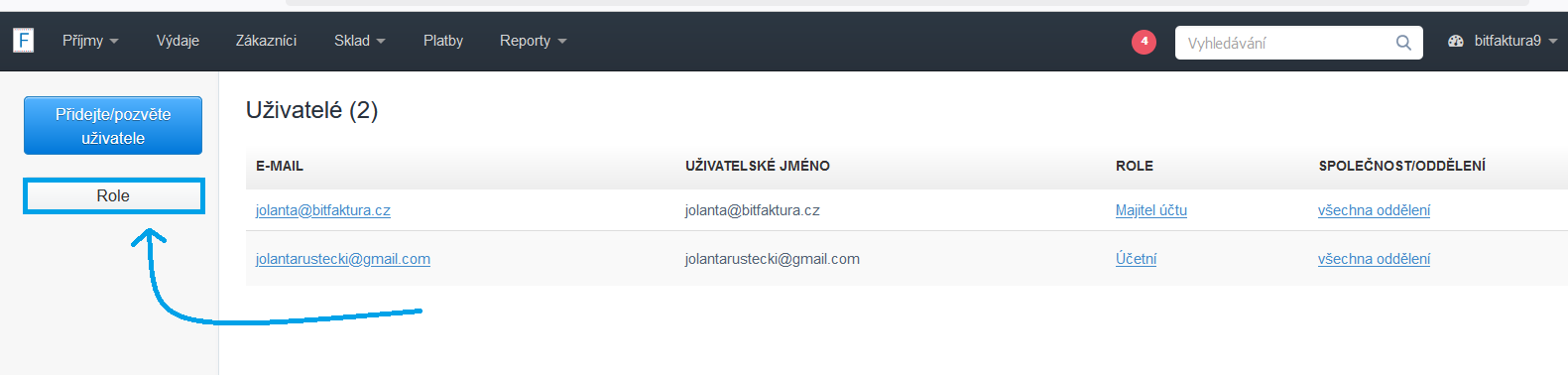 Nastaveni role uzivatele