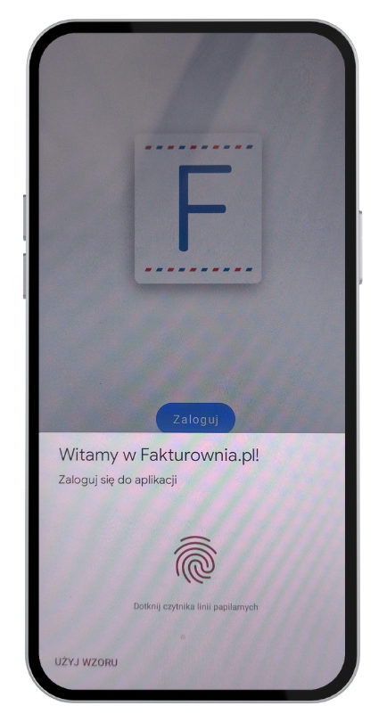 Ekran logowania do aplikacji Fakturownia.pl na urządzeniu mobilnym z opcją logowania biometrycznego za pomocą odcisku palca.