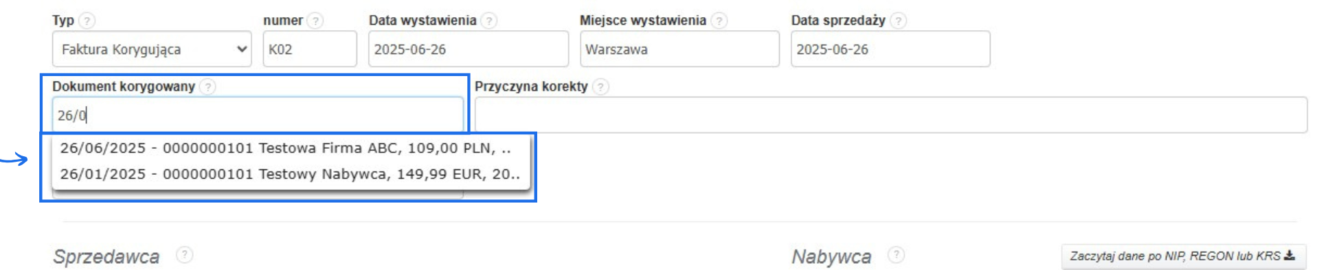 Formularz faktury korygującej z rozwijaną listą wyboru dokumentu korygowanego zawierającą faktury z datą, kontrahentem i kwotą.
