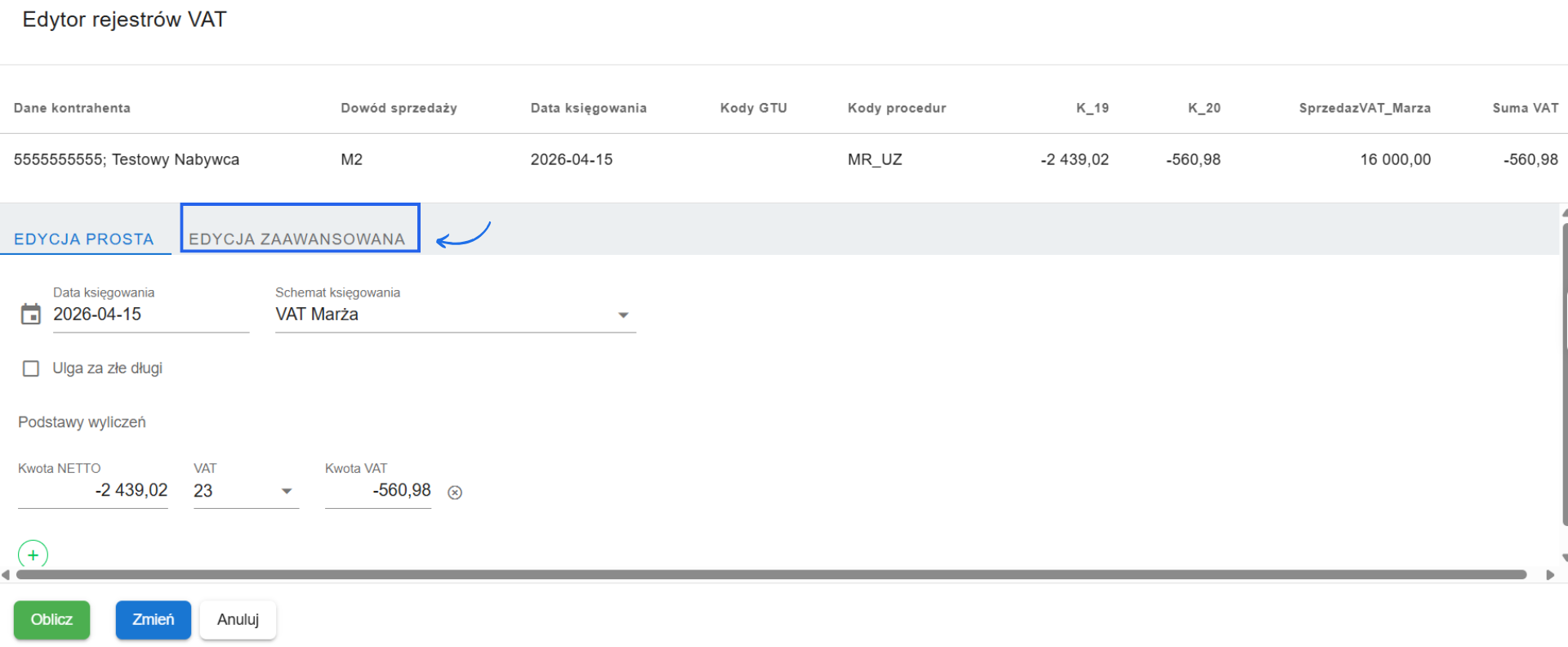 Edytor rejestrów VAT z opcją przełączenia edycji prostej na edycję zaawansowaną.