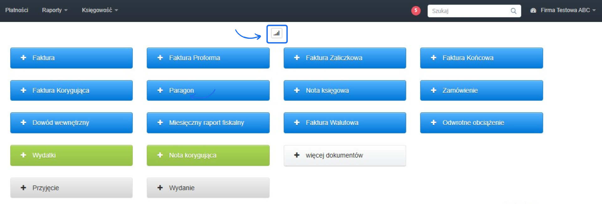 Panel główny Fakturowni z przyciskami do wystawiania dokumentów oraz ikoną wykresu do przeglądania statystyk sprzedaży.”