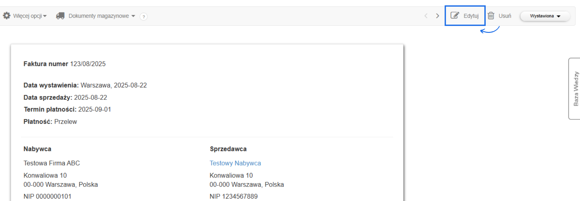 Podgląd faktury kosztowej w systemie do fakturowania online z danymi sprzedawcy i nabywcy oraz aktywną opcją edycji dokumentu.