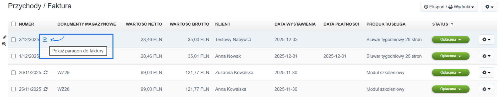 Lista faktur sprzedażowych wystawionych w systemie Fakturownia z oznaczeniem check, które wskazuje na wystawienie faktury do paragonu z linkiem do paragonu.