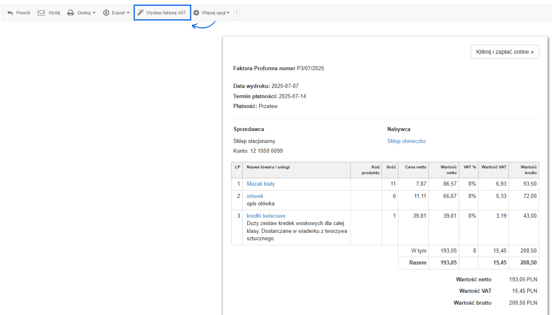 Podgląd faktury proforma z opcją 'Wystaw fakturę VAT' i szczegółami zamówienia dla Sklepu Słoneczko