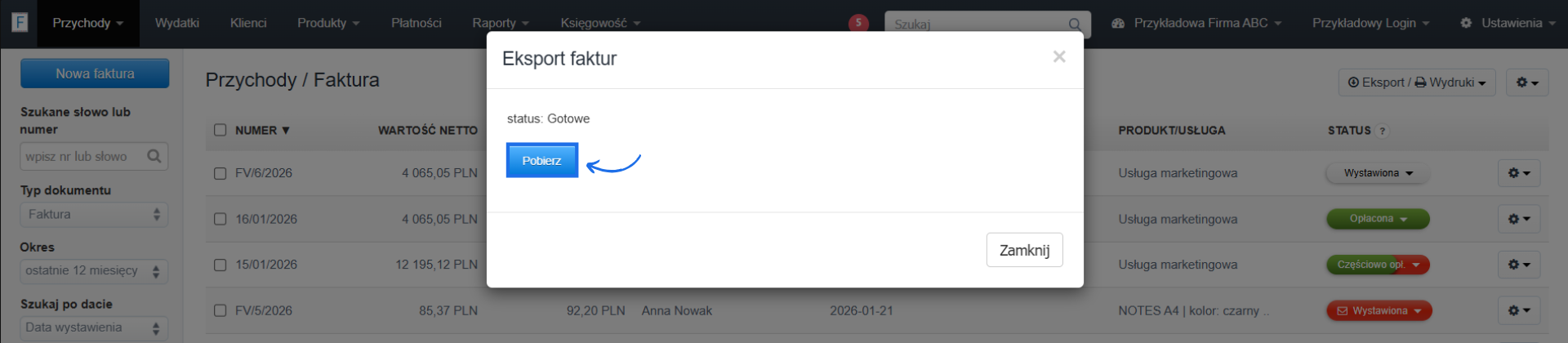Proces eksportu danych z konta z możliwością pobrania listy faktur za pomocą przycisku pobierz.