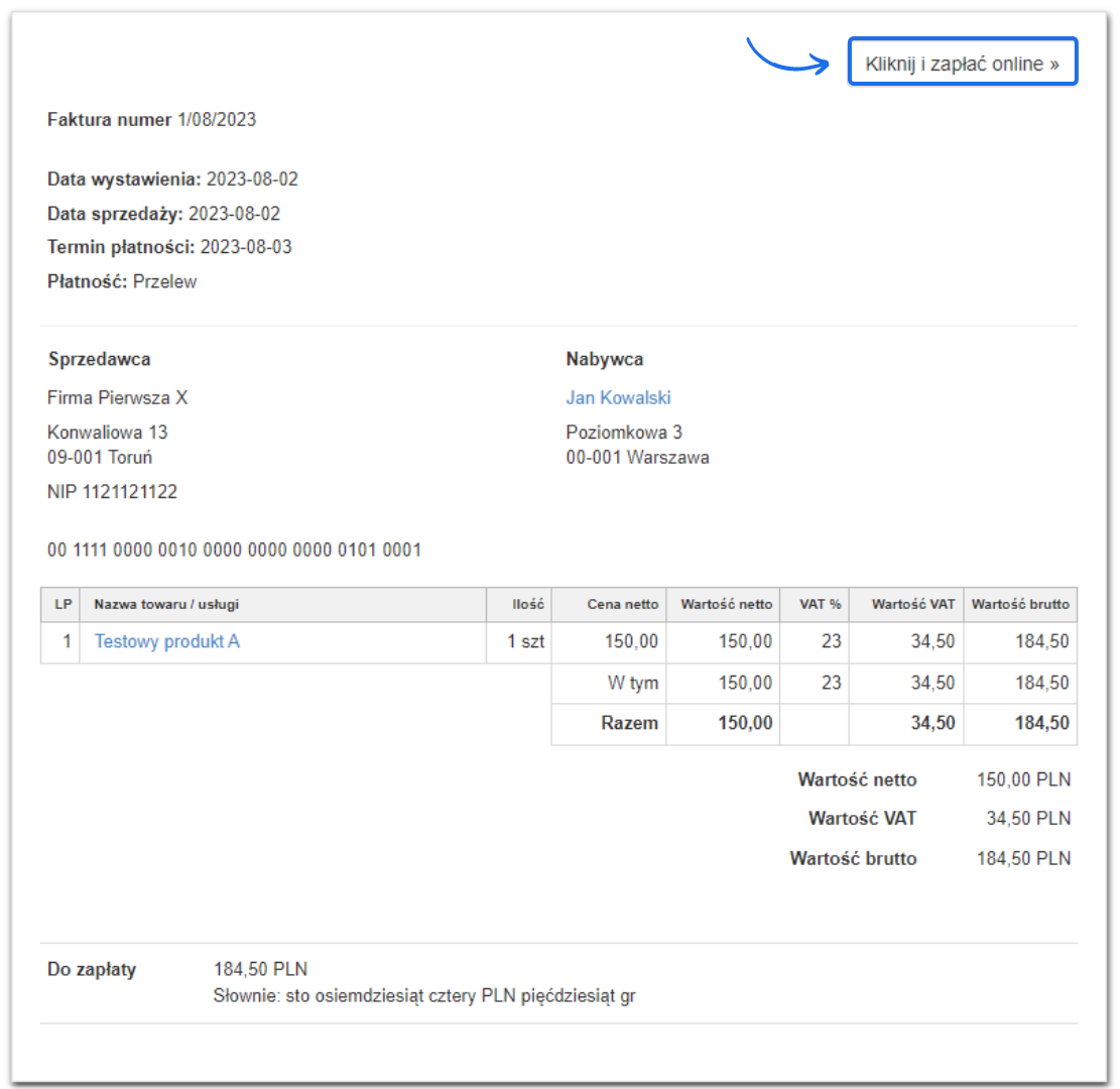 Faktura numer 1/08/2023 z danymi sprzedawcy i nabywcy, szczegółami płatności, produktem i przyciskiem 'Kliknij i zapłać online'.