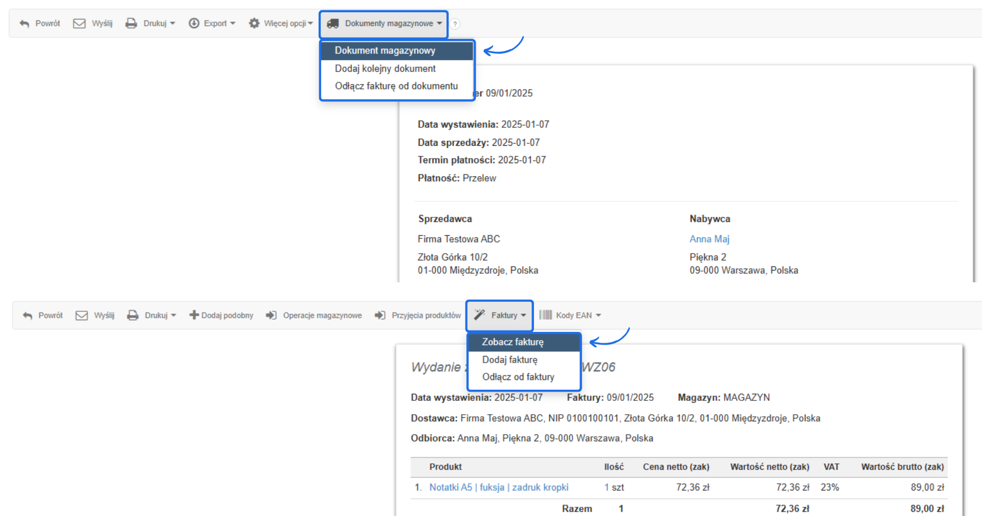 Panel dokumentów magazynowych i faktur w systemie Fakturowni z opcjami: 'Dodaj dokument', 'Zobacz fakturę' oraz szczegółami transakcji.