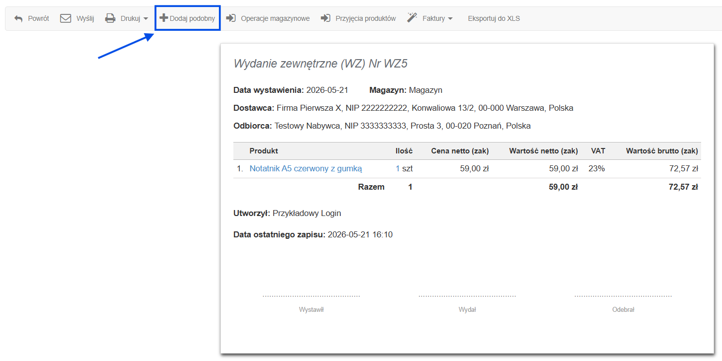 Podgląd przykładowego dokumentu WZ z opcjami menu podręcznego w tym dodaj podobny, która kopiuje dane.