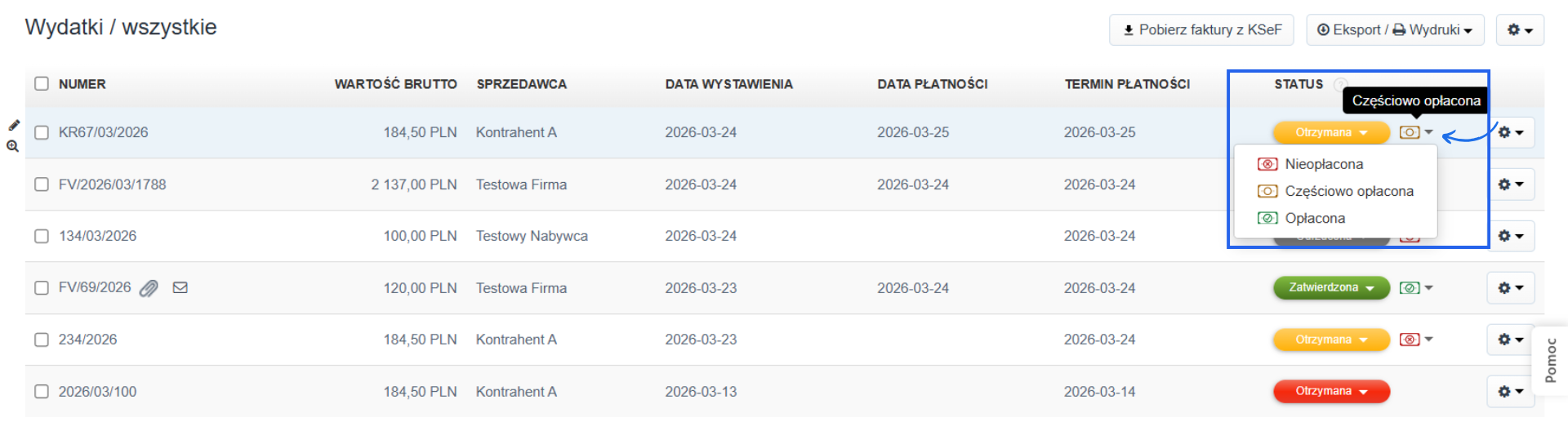 Status płatności dla faktury kosztowej: nieopłacona, częściowo opłacona, opłacona.