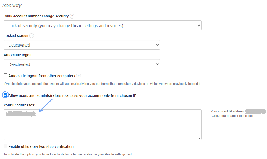 Access to account only from specified IP addresses
