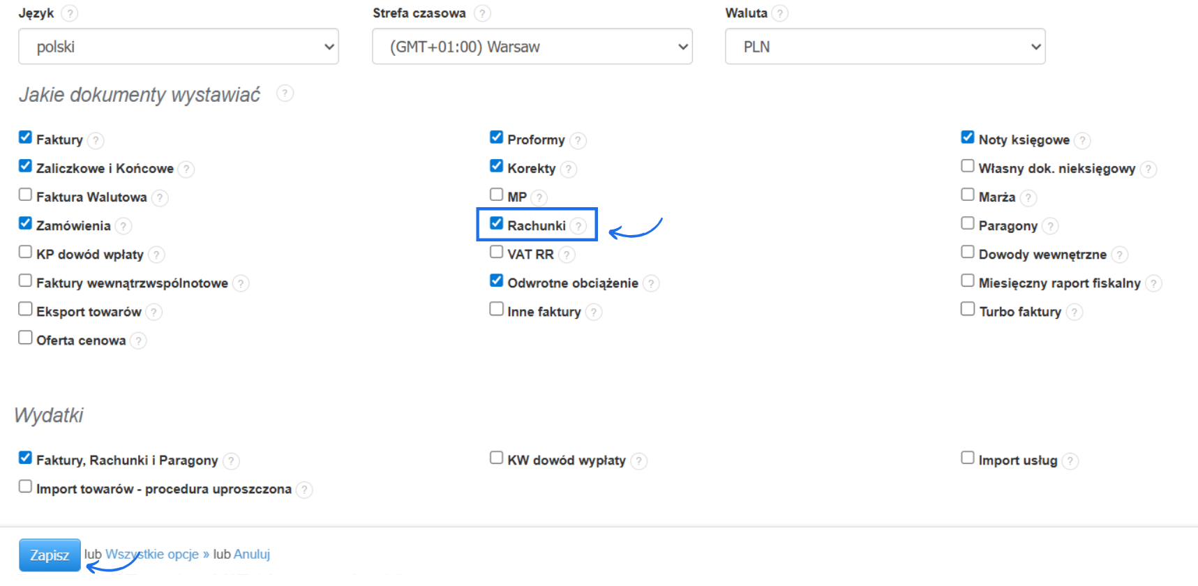 Ustawienia konta w systemie Fakturownia z sekcją wyboru dokumentów aktywnych do wystawiania na koncie.