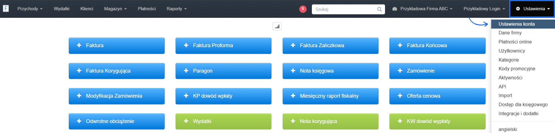 Strona główna konta w systemie Fakturownia z aktywną zakładką ustawień ogólnych konta i przyciskami do wystawienia faktury.