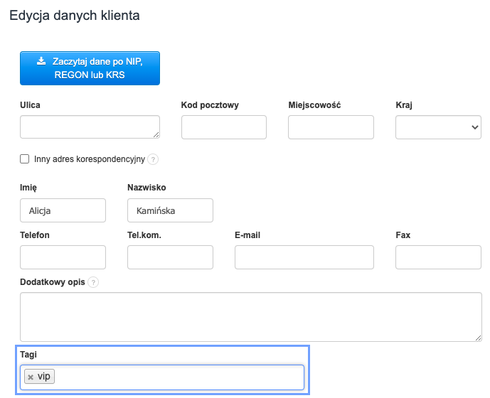 Formularz edycji danych klienta z tagiem „vip” przypisanym do osoby o imieniu Alicja i nazwisku Kamińska.