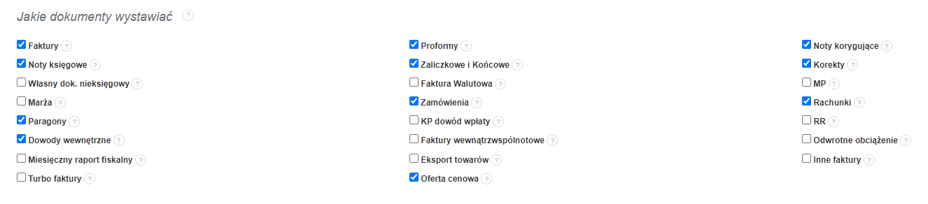Ustawienia wyboru typów dokumentów do wystawienia w programie Fakturownia, w tym faktury, noty księgowe, paragony, zamówienia, i oferty cenowe.