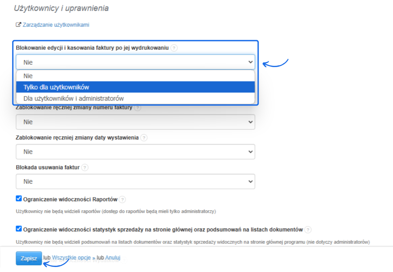 Ustawienia użytkowników i uprawnień z rozwiniętą opcją blokowania edycji i kasowania faktur po wydrukowaniu.